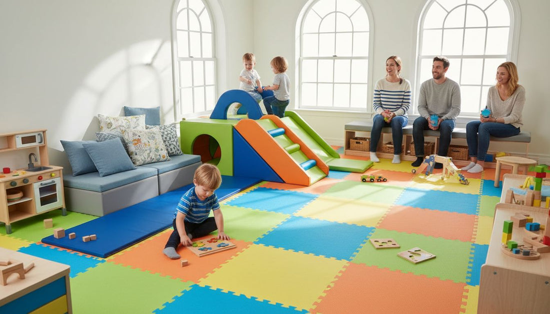 Modern children’s playroom with safe colorful mats