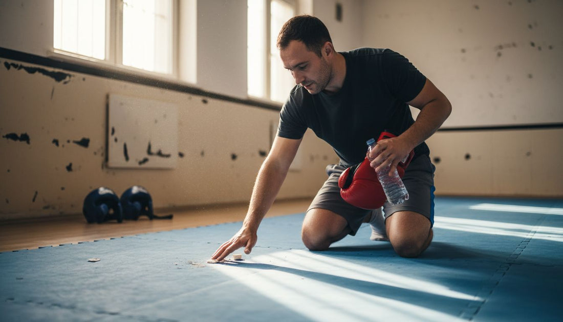 Instructor preparing martial arts mat in dojo