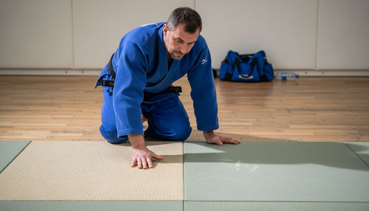 Trainer compares two judo mats in gym