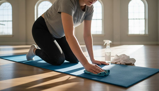 Woman wiping fitness mat in bright studio