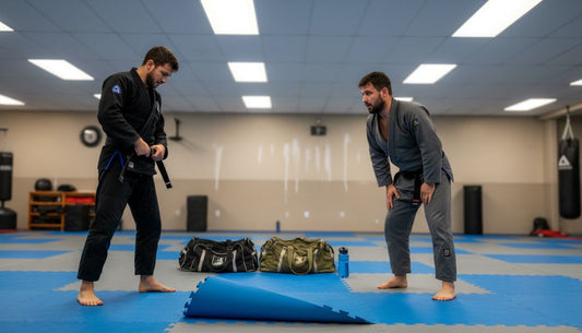 Martial artists training on sport mats in dojo