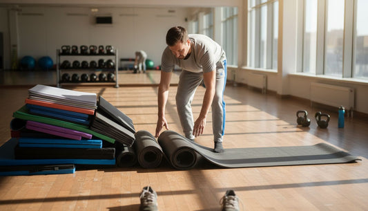 Instructor prepares assorted sport mats in gym