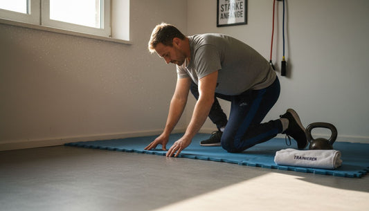 Jemand verlegt Puzzlematten als Bodenbelag für das eigene Fitnessstudio.