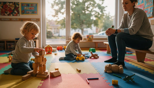 Im Kindergarten toben und spielen Kinder fröhlich auf bunten Spielmatten.