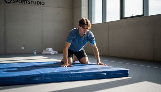 Eine Turnerin richtet ihre Matte in einem sonnendurchfluteten Studio mit Blick auf die Stadt aus.