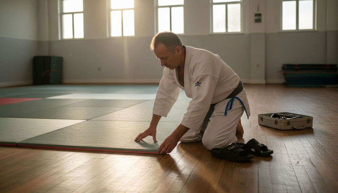 Der Trainer kniet sich hin und prüft, ob die Matten im Dojo richtig ausgerichtet sind.
