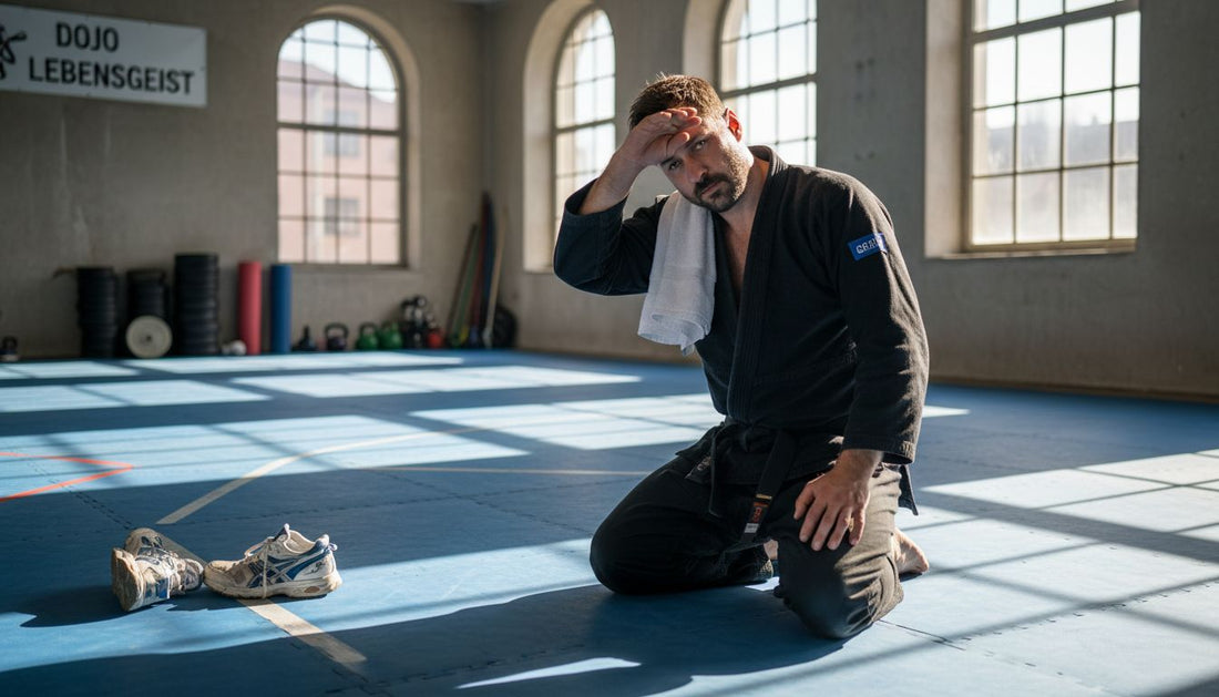 Ein Trainer steht auf einer abgenutzten blauen Matte im Dojo.