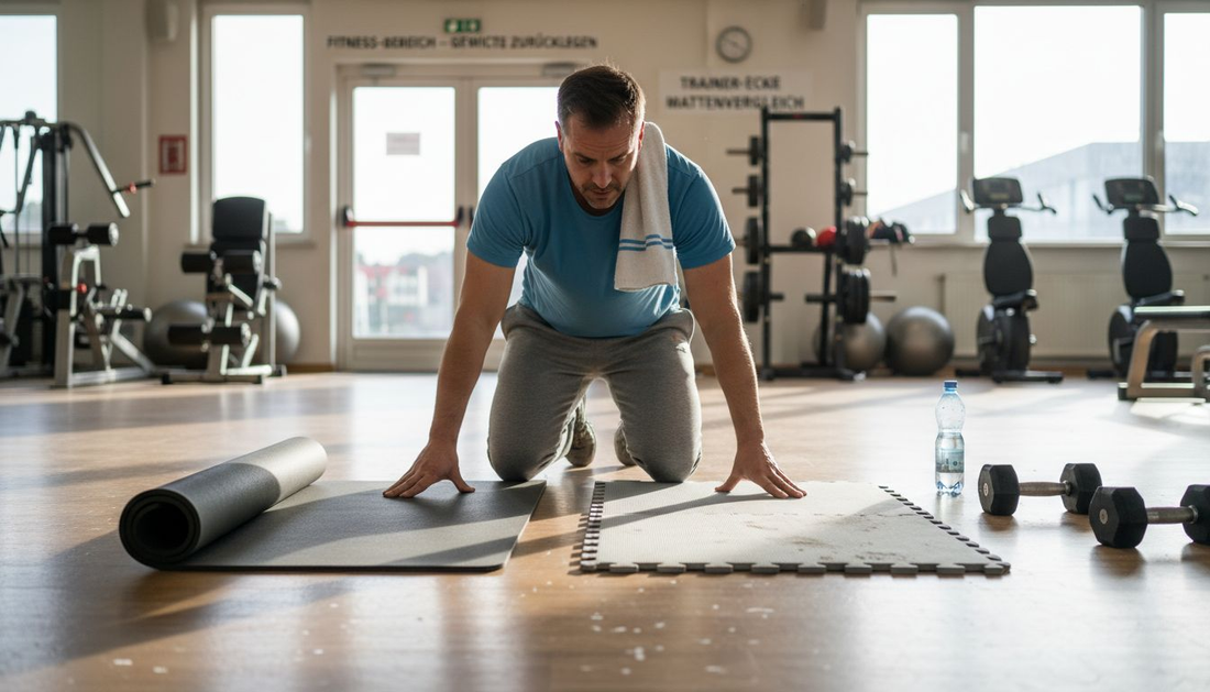 Ein Trainer vergleicht im Fitnessstudio eine Rollmatte mit einer Puzzlematte und prüft, welche sich besser für das Training eignet.
