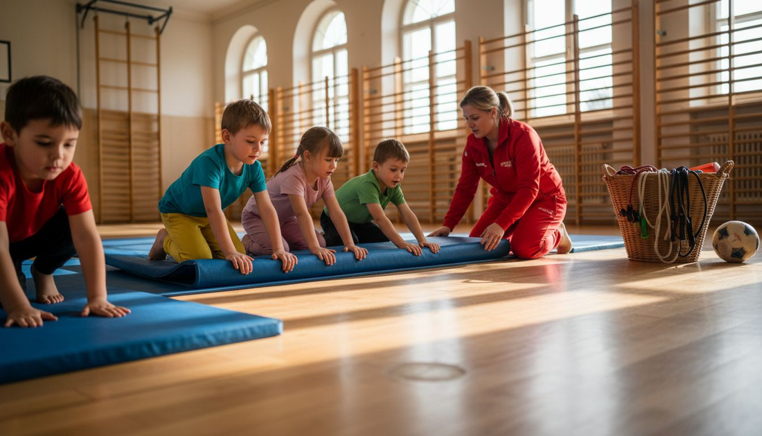 Kinder rollen in der Turnhalle die Turnmatten aus.