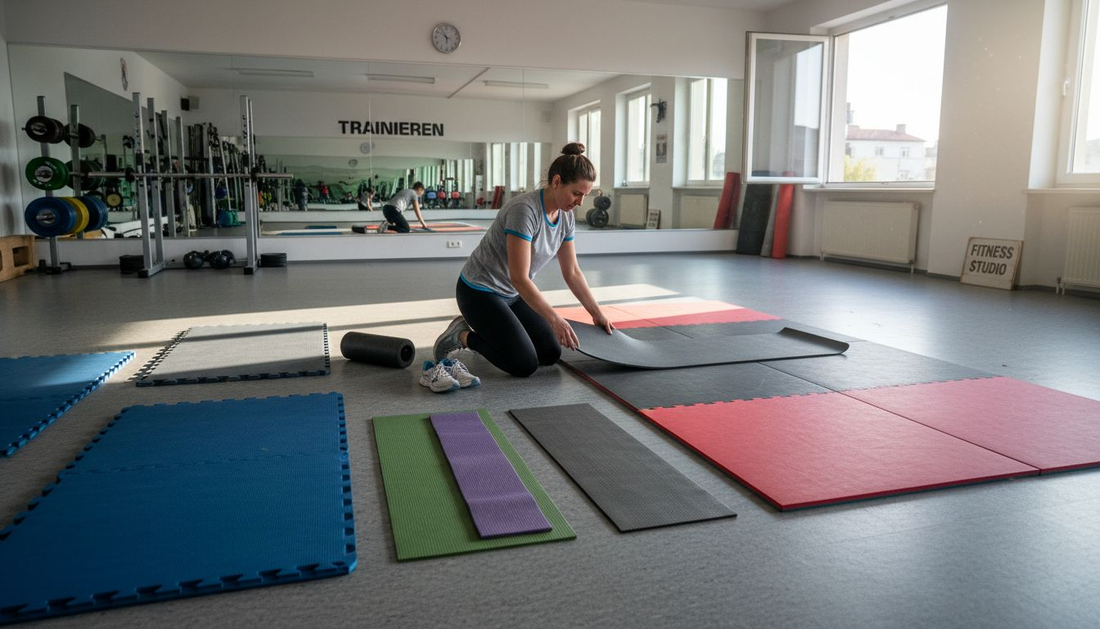 Ein Studioleiter sortiert verschiedene Mattenarten und sorgt dafür, dass im Fitnessbereich alles ordentlich und bereit für die nächsten Kurse ist.
