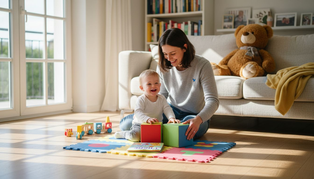 Im Wohnzimmer probieren Eltern gemeinsam mit ihrem Kind eine neue Spielmatte aus.