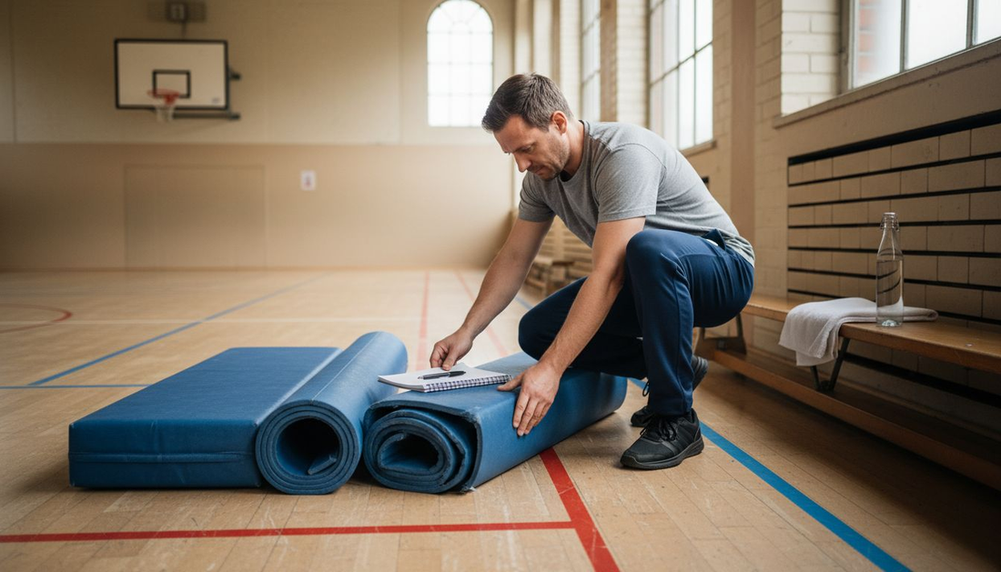 Der Hallenaufsicht prüft die blauen Turnmatten auf ihre Sicherheit.