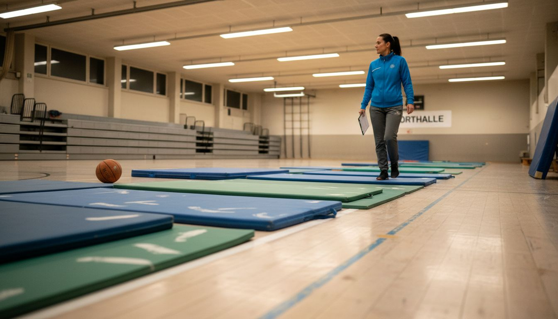 Ein Aufsichtsperson prüft die unterschiedlichen Turnmatten in der Sporthalle.