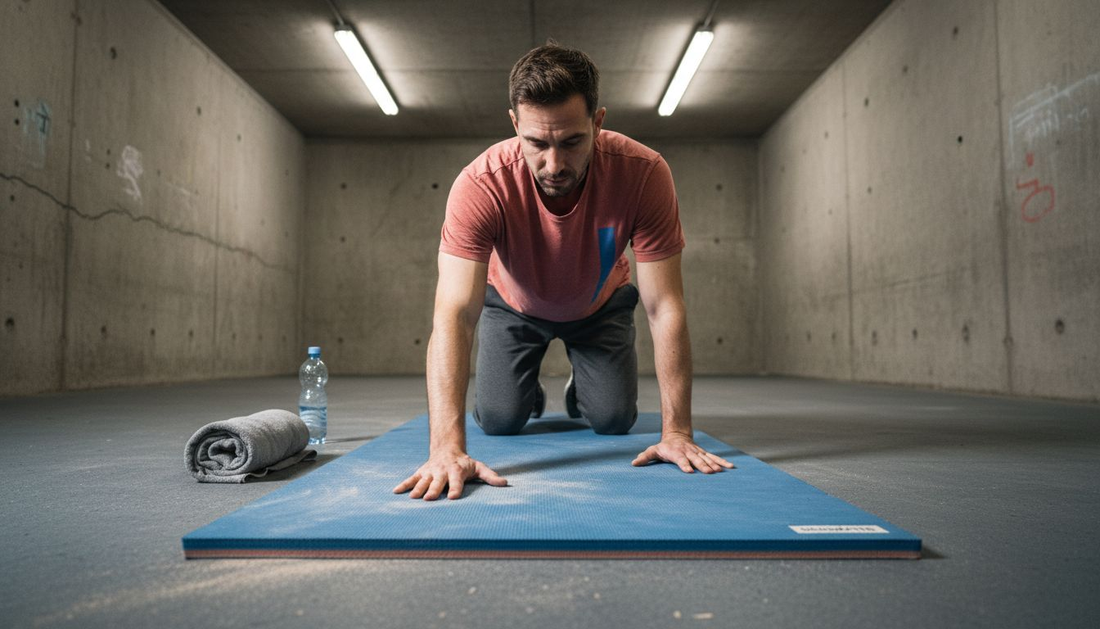 Ein Sportler prüft im Fitnessstudio aufmerksam die Schaumstoffmatte, bevor er mit dem Training beginnt.