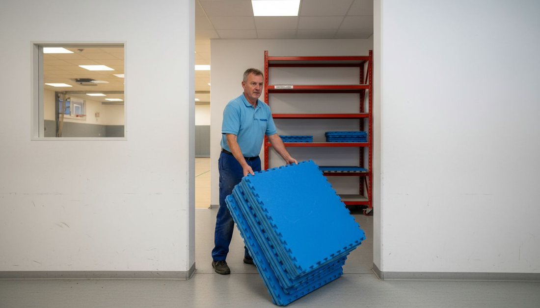 Der Verantwortliche hat die Kampfsportmatten im Raum untergebracht.