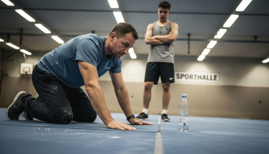 Ein Fitnesstrainer überprüft die Trainingsmatte im Studio auf ihre Beschaffenheit.