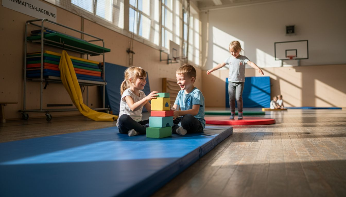 Kinder toben und spielen ausgelassen auf bunten Turnmatten in der Sporthalle.