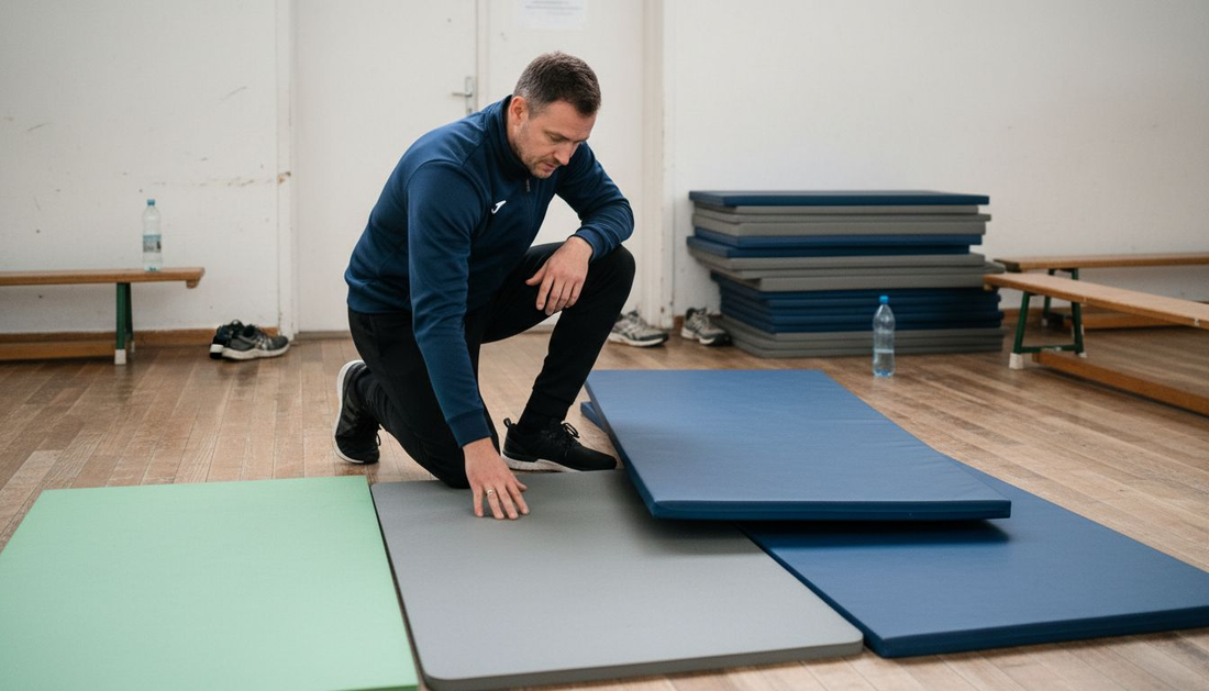 Ein Trainer begutachtet und vergleicht verschiedene Turnmatten in der Sporthalle, um die beste Auswahl für das Training zu treffen.