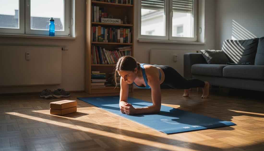 Eine Frau macht zu Hause auf einer Gymnastikmatte die Plank-Übung.