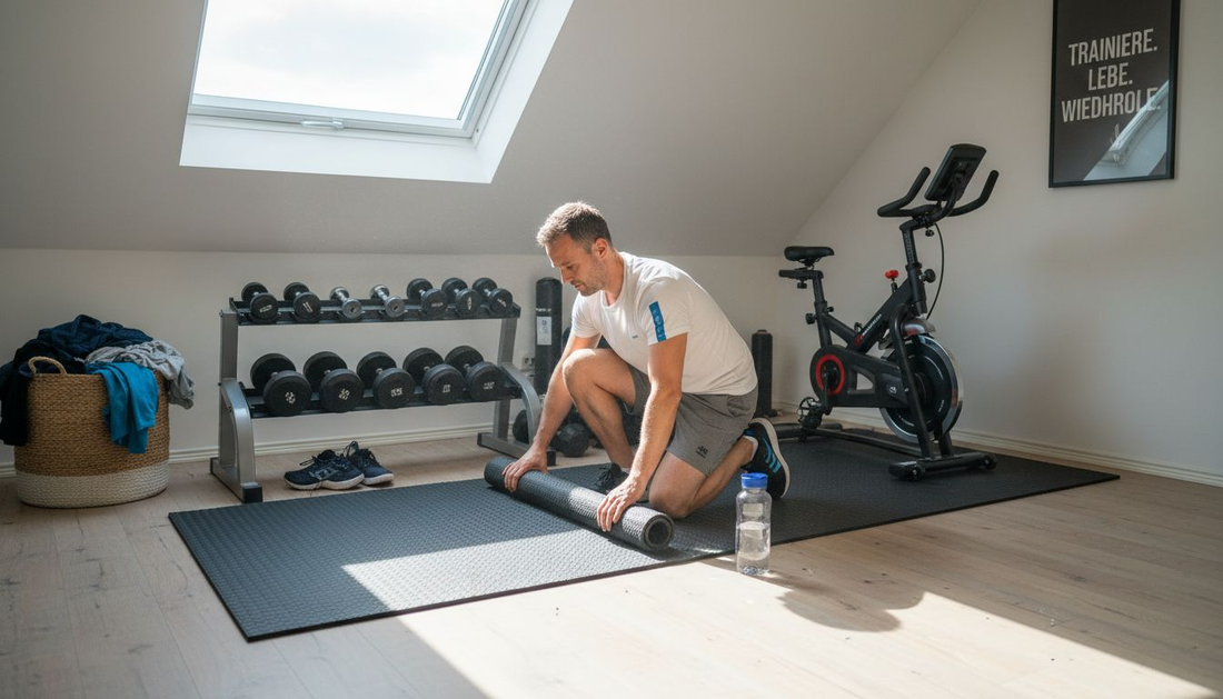 Ein Mann rollt seine Trainingsmatte im Fitnessraum auf dem Dachboden aus.