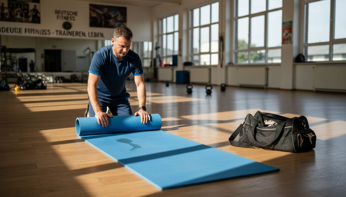 Ein Mann rollt nach dem Training die gebrauchte Sportmatte in der Turnhalle zusammen.