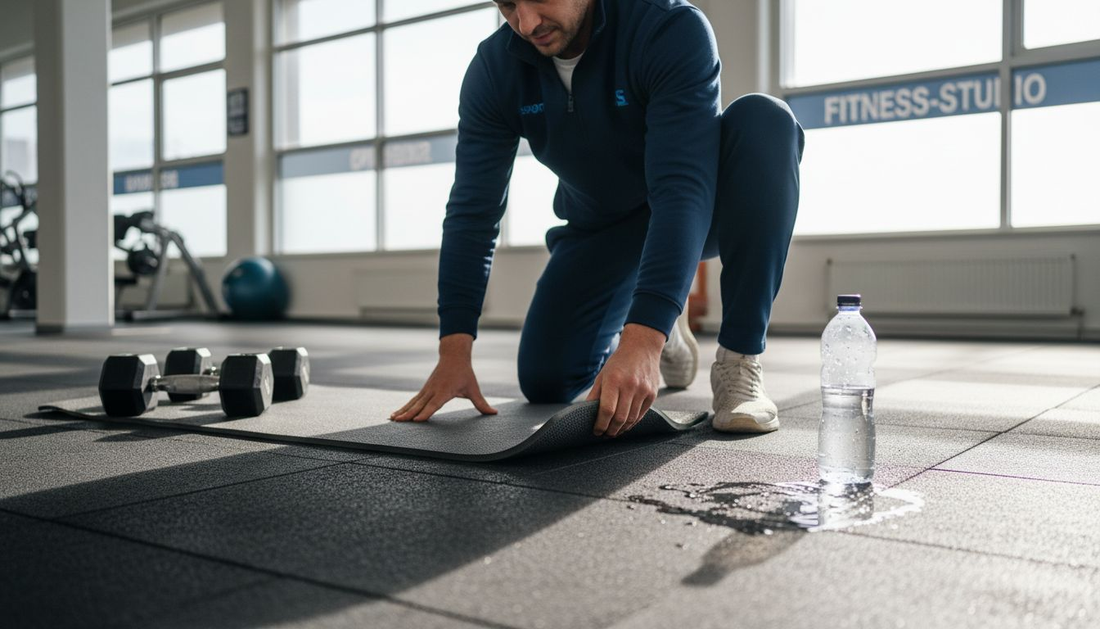 Der Trainer legt eine rutschfeste Matte in der Turnhalle aus, damit beim Training niemand ausrutscht.