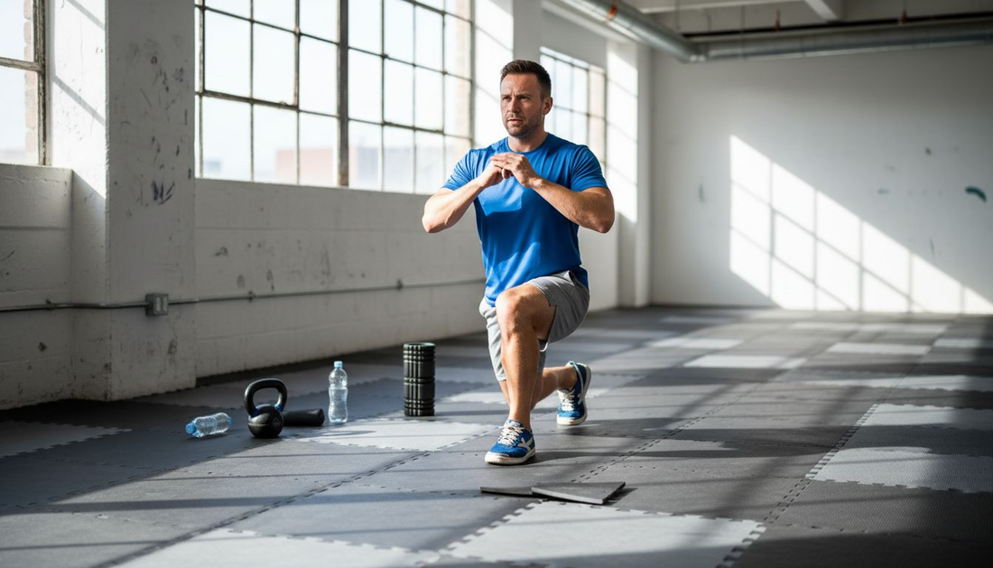 Ein Trainer macht Ausfallschritte auf einer Fitnessmatte im Studio.