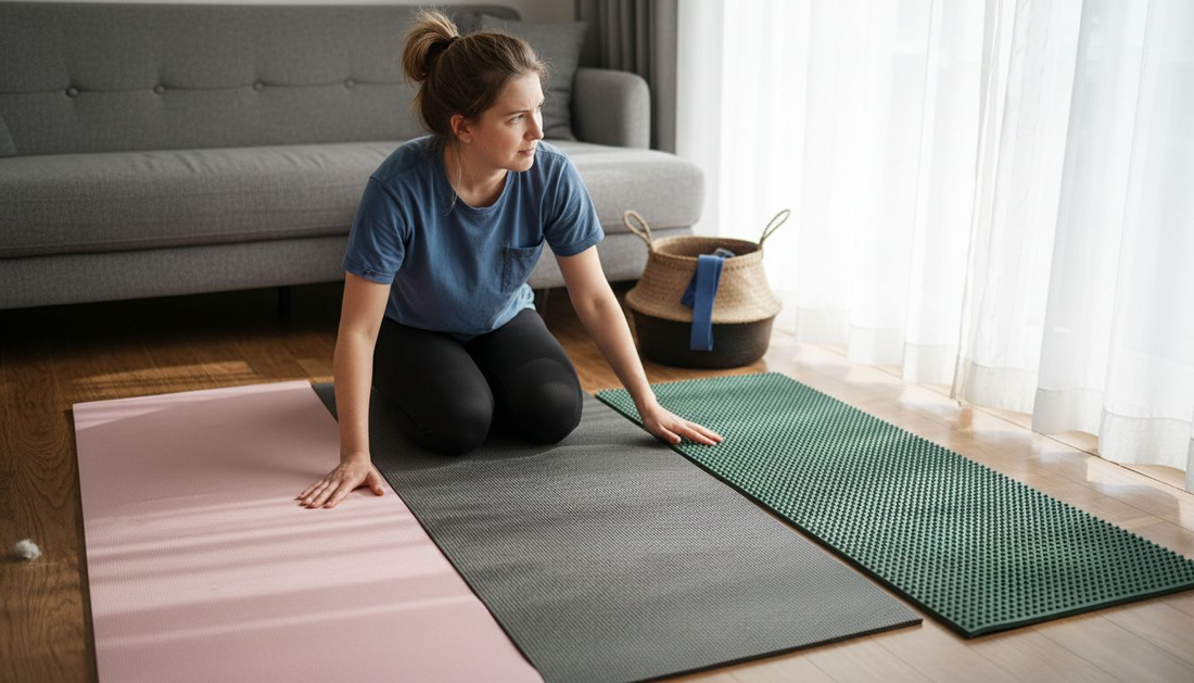 Im Wohnzimmer testet eine Frau verschiedene Fitnessmatten, um die beste für ihr Training zu finden.