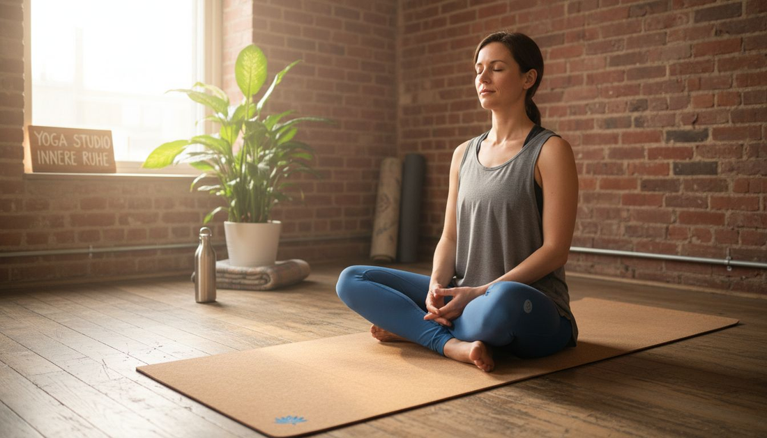 Eine Frau sitzt entspannt auf einer Kork-Yogamatte im Studio.