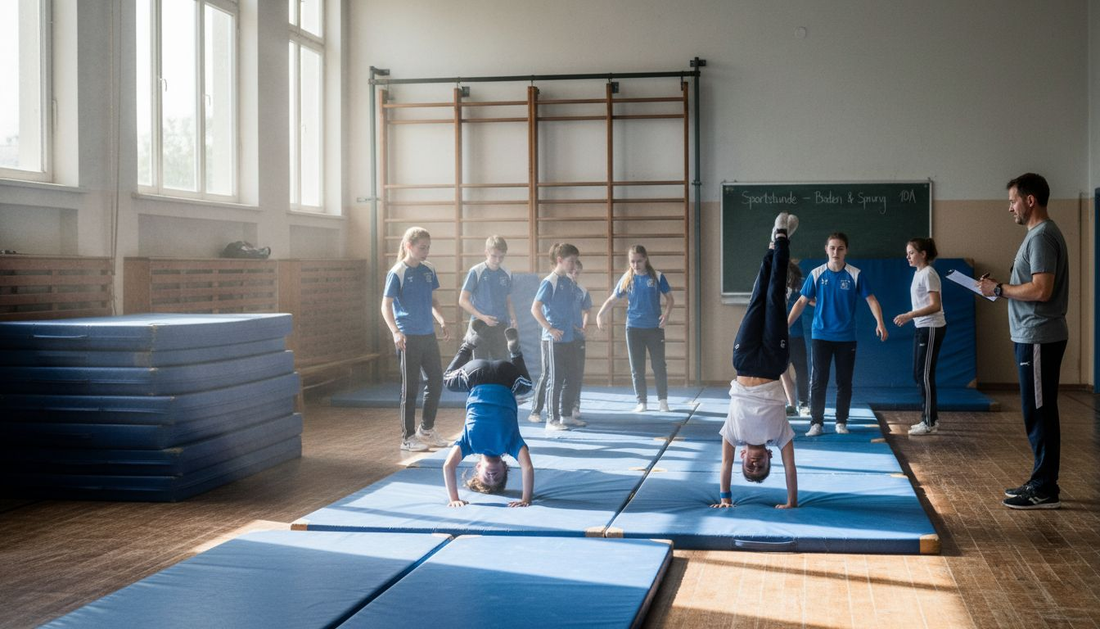 Im Sportunterricht trainieren die Schülerinnen und Schüler auf Turnmatten in der Sporthalle.