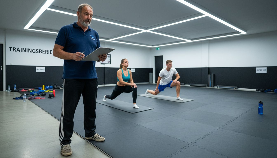 Der Studiobetreiber nimmt verschiedene Trainingsmatten genau unter die Lupe.