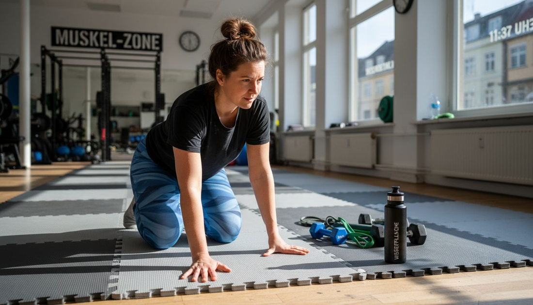 Der Studioinhaber prüft neue Sportmatten direkt vor Ort, um deren Qualität und Alltagstauglichkeit zu testen.