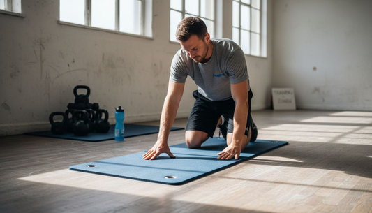 Ein Trainer überprüft die Turnmatte im Fitnessstudio.