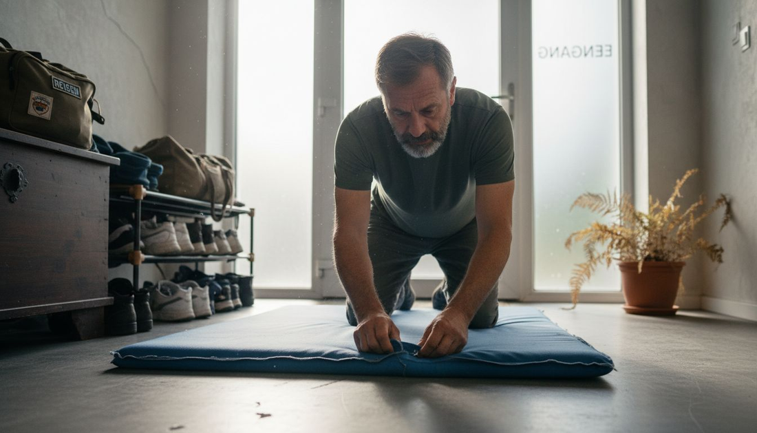 Ein Mann begutachtet eine gebrauchte Sportmatte, um zu sehen, wie stark sie schon beansprucht wurde.