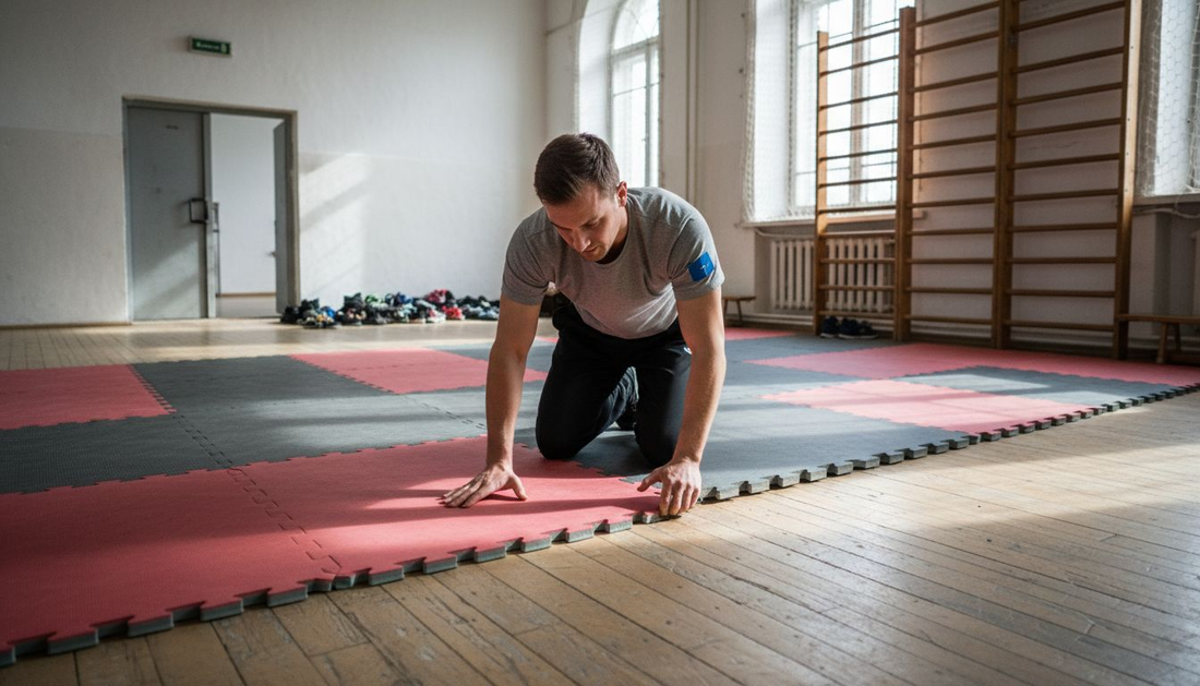 Der Trainer sorgt dafür, dass die Fallschutzmatten im Trainingsraum richtig liegen.