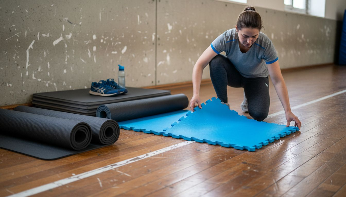 Ein Fitnesstrainer nimmt verschiedene Sportmatten genau unter die Lupe.