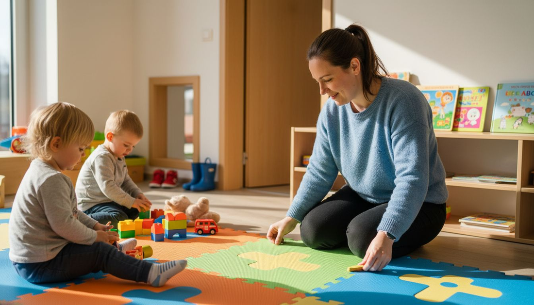 Eine Erzieherin in der Kita überprüft, ob die Spielmatten im Gruppenraum sicher für die Kinder sind.