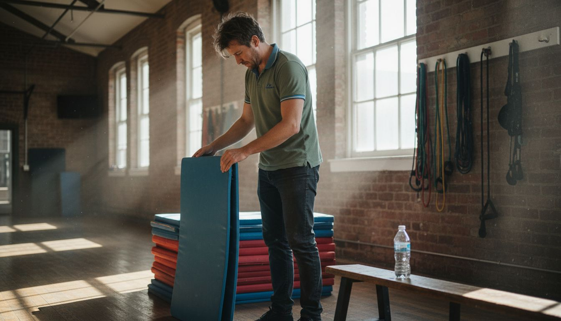 Der Studioleiter wirft einen prüfenden Blick auf die ordentlich gestapelten Sportmatten.