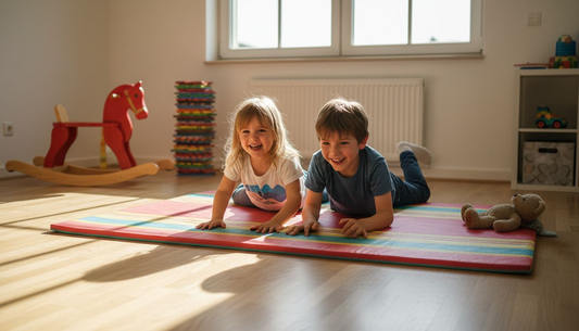 Im Kinderzimmer tollen die Kleinen fröhlich auf einer bunten Spielmatte herum.