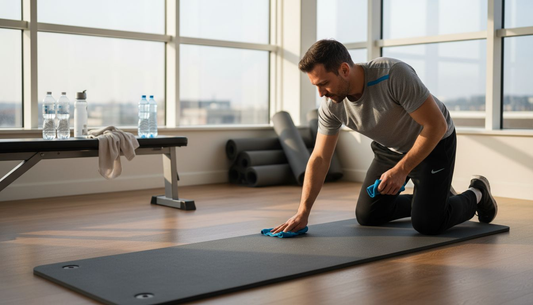 Ein Trainer säubert nach dem Training die Matte im Fitnessstudio.