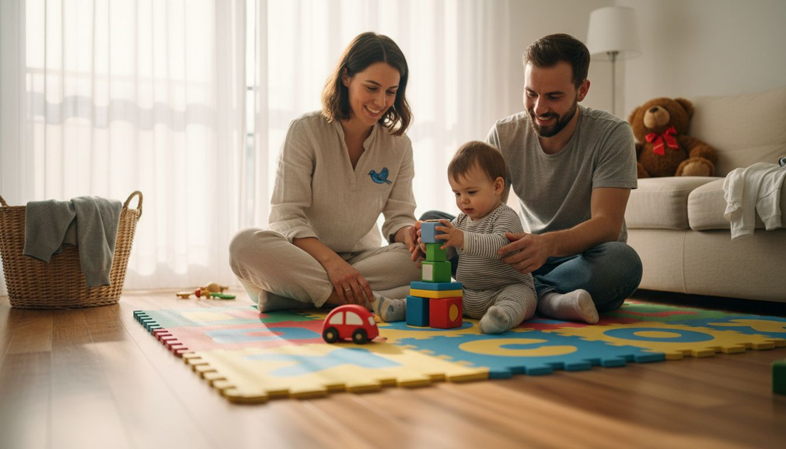 Gemeinsam tollen Eltern und Kind auf einer weichen Spielmatte herum.