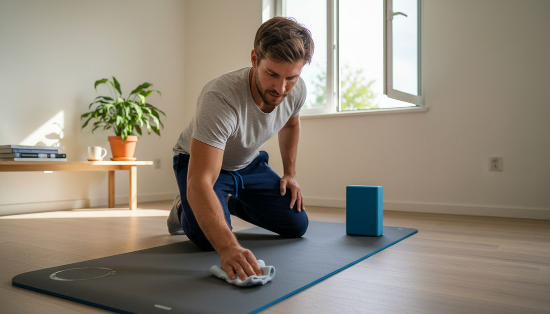 Ein Mann reinigt seine wasserdichte Sportmatte zu Hause.