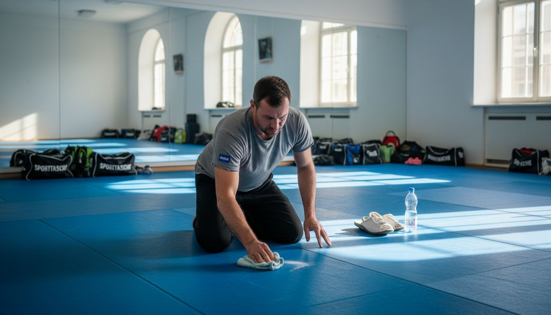 Im Dojo wischt der Trainer sorgfältig die blauen Judomatten ab.