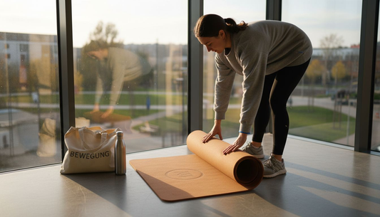Eine Frau legt im Fitnessstudio ihre umweltfreundliche Sportmatte aus.
