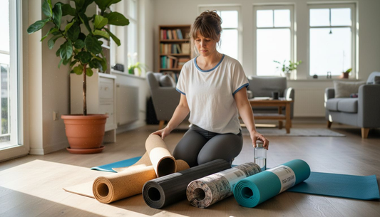 Eine Frau testet verschiedene Trainingsmatten in ihrem Wohnzimmer und vergleicht deren Komfort und Qualität.