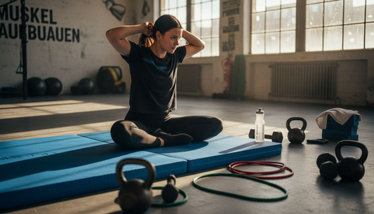 Ein Sportler bereitet sich im Fitnessstudio auf einer Vollschaummatte auf sein Training vor.