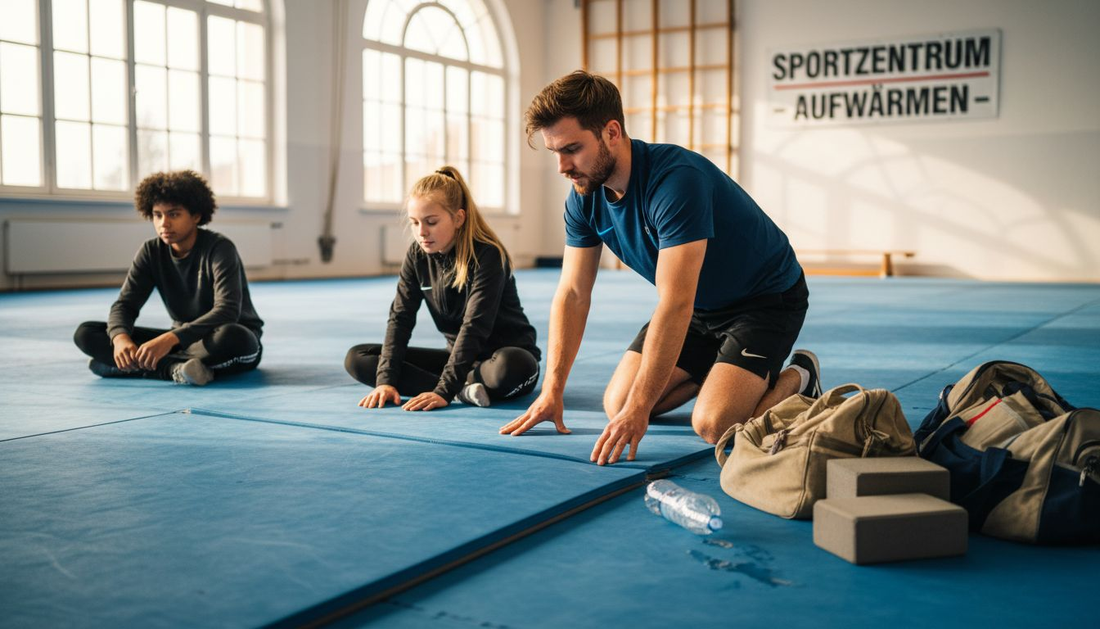 Ein Trainer richtet gemeinsam mit jungen Sportlern die Matten für das Training aus.
