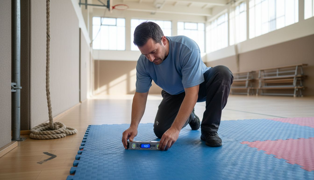 Ein Verantwortlicher prüft die Sportmatten in der Turnhalle auf ihre Sicherheit und ihren Zustand.