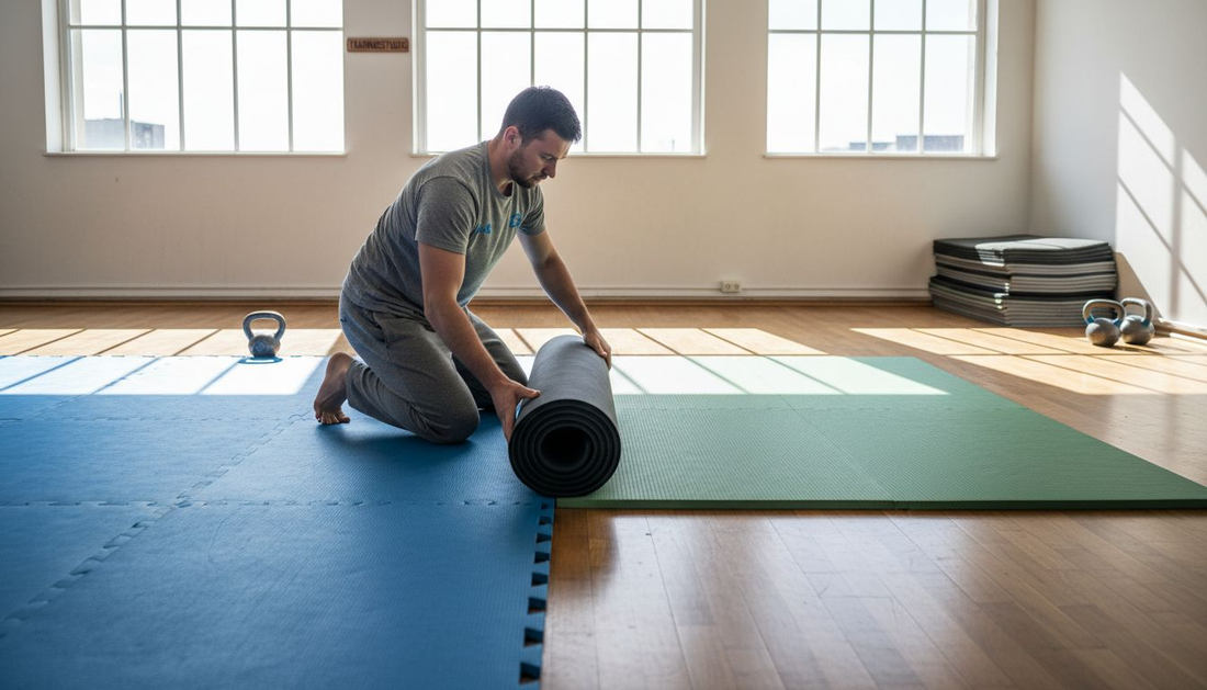 Ein Trainer legt im Studio verschiedene Fitnessmatten aus und bereitet den Trainingsbereich vor.