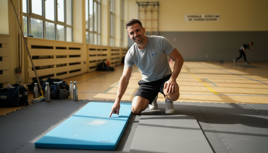 Ein Trainer vergleicht verschiedene Turnmatten hinsichtlich ihrer Weichheit und Festigkeit.